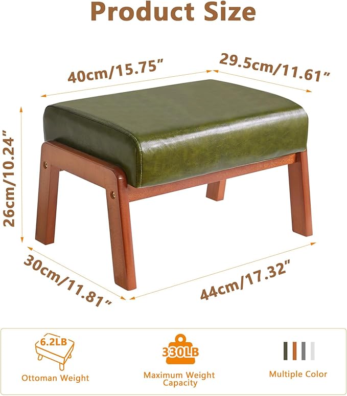 IBUYKE 10.2” H Small Foot Stool Ottoman, Rectangle PU Faux Leather Foot Rest with Padded Seat and Wood Legs, Modern Accent Ottoman Foot Rest for Living Room Bedroom Couch Office, Dark Green WBD013GR