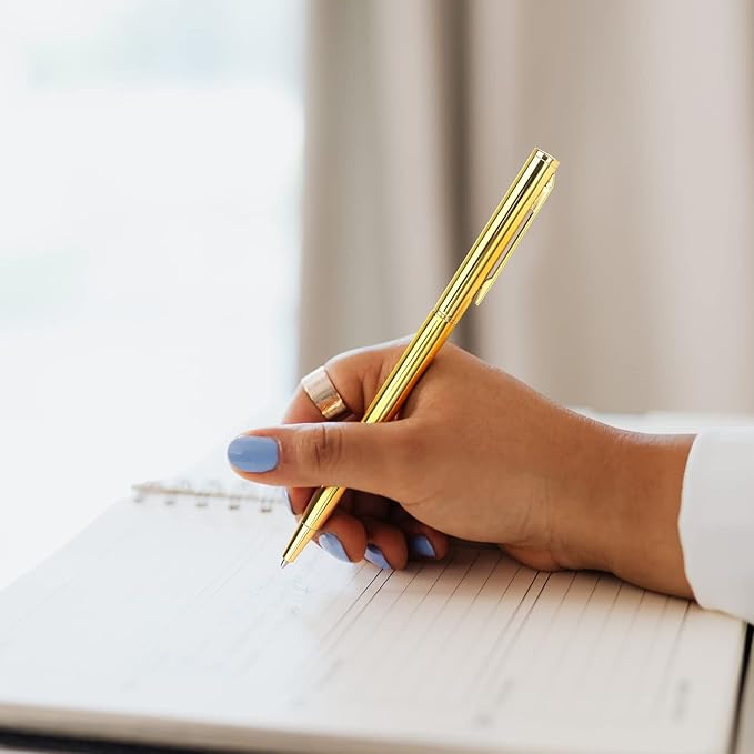 3 Pack Slim Ballpoint Pens Black ink Medium Point 1.0 mm Writting Pen, Great Gift for Wedding Business Office Students Teachers Christmas (Gold)