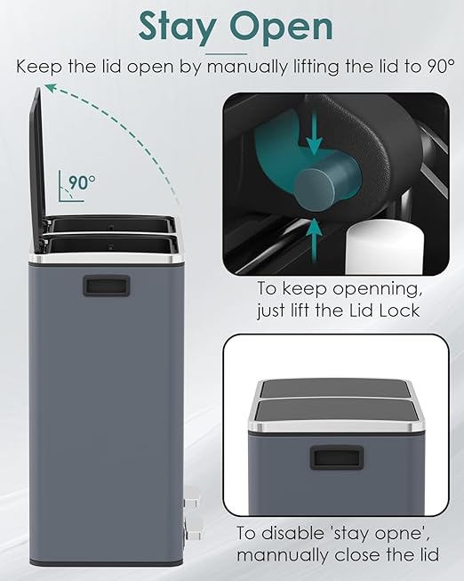 Arlopu 16 GallonStainless Steel Trash Can, 60L Dual Compartment, Metal Kitchen Step Recycle Bin, Metal Double Dustbin, in-Home Garbage Rubbish Can W/Removable Liner Buckets (Grey)