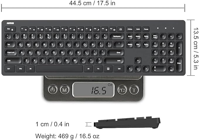 Arteck 2.4G Wireless Keyboard Ultra Slim Full Size Keyboard with Numeric Keypad and Media Hotkey for Computer/Desktop/PC/Laptop/Surface/Smart TV and Windows 11/10/ 8/7