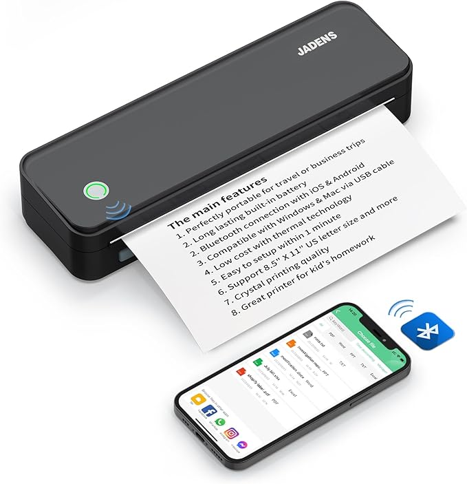 JADENS Bluetooth Thermal Printer, Support 8.5" X 11" US Letter, Portable Printers Wireless for Travel, Inkless Printer Compatible with iOS, Android, Mobile Printer for Home, Office, School