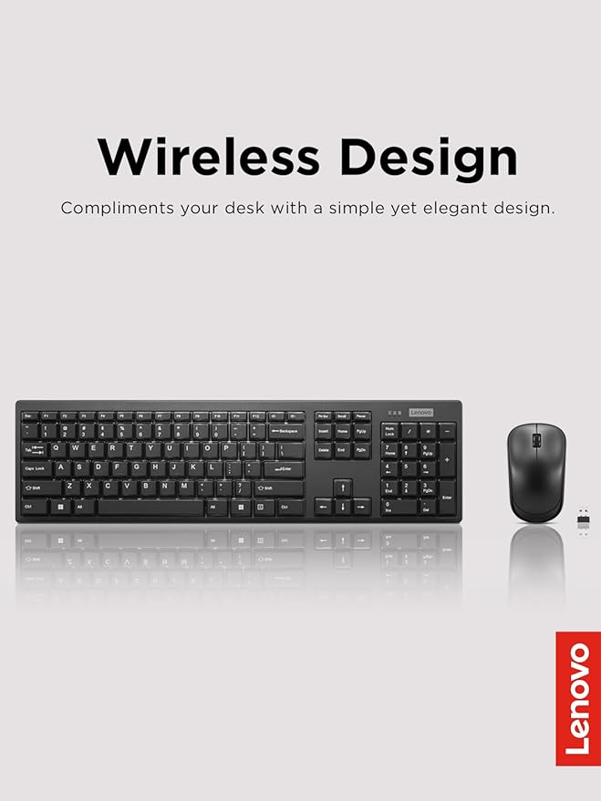 Lenovo 100 Wireless Keyboard and Mouse Combo – Cordless Set with Spill Resistant Quiet Keys – 3-Zone Keyboard - Ambidextrous Mouse – Compact Design – Wireless USB -Black