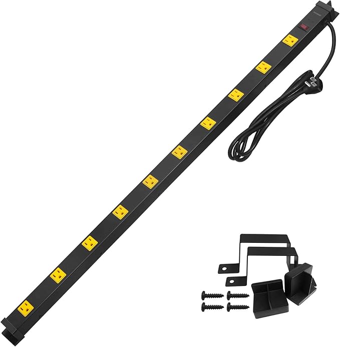 SURAIELEC 10 Outlet Long Power Strip Surge Protector, Industrial Heavy Duty Metal Shop Power Strip with Flat Plug, 1000 Joules, 15 AMP Breaker, 6FT Cord, Wall Mountable, for Work Bench, Shop, Garage