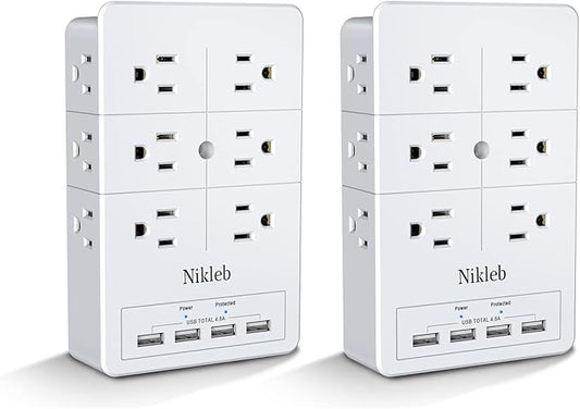 Surge Protector Nikleb 2-Pack, Multi Outlet Plug with 4 USB, Wall Charger Box Multiports Total 4.8A, Electrical Outlet Splitter, Plugs for Outlets Wall Mount, USB Power Adapter Low Profile