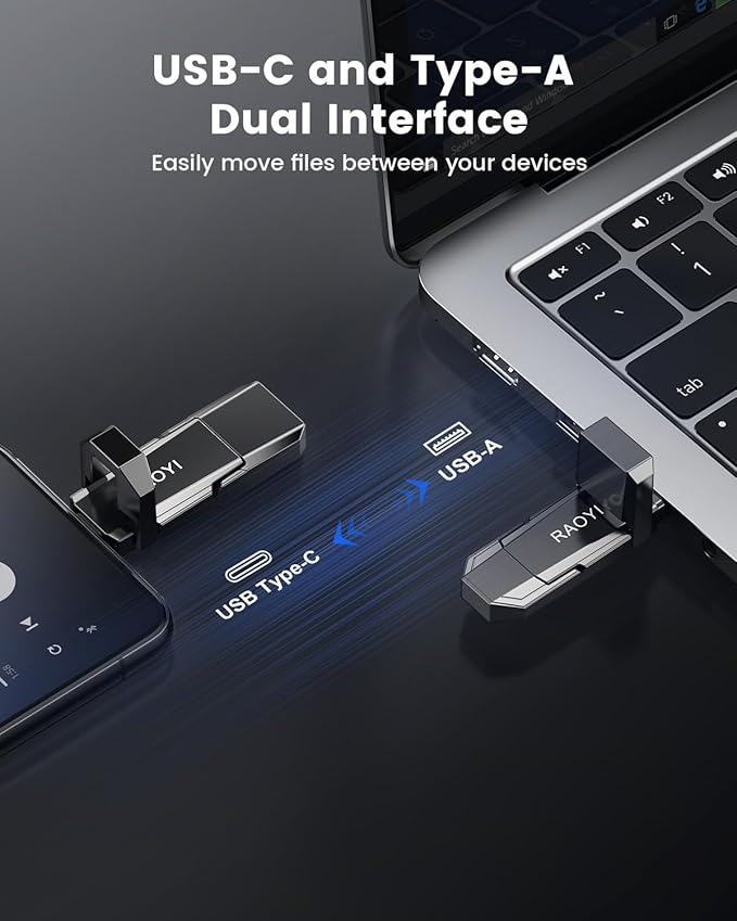 RAOYI 256GB USB C External SSD, 2-in-1 Solid State Drive Up to 450MB/s Dual USB 3.2 + Type-C Thumb Drive Portable SSD Drive for iPhone 15/16, Android, Tablet, PC and PS4