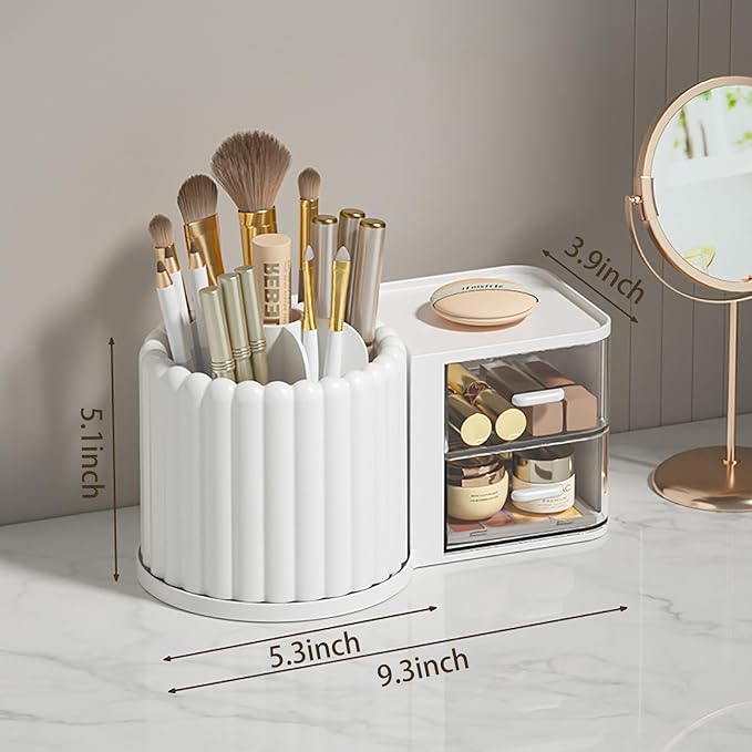 Anyoifax 360 Rotating Makeup Brush Holder 7 Slots Makeup Organizer with Drawer Removable Spinning Cosmetic Storage Pen Holder for Vanity, Dresser, Desk, White