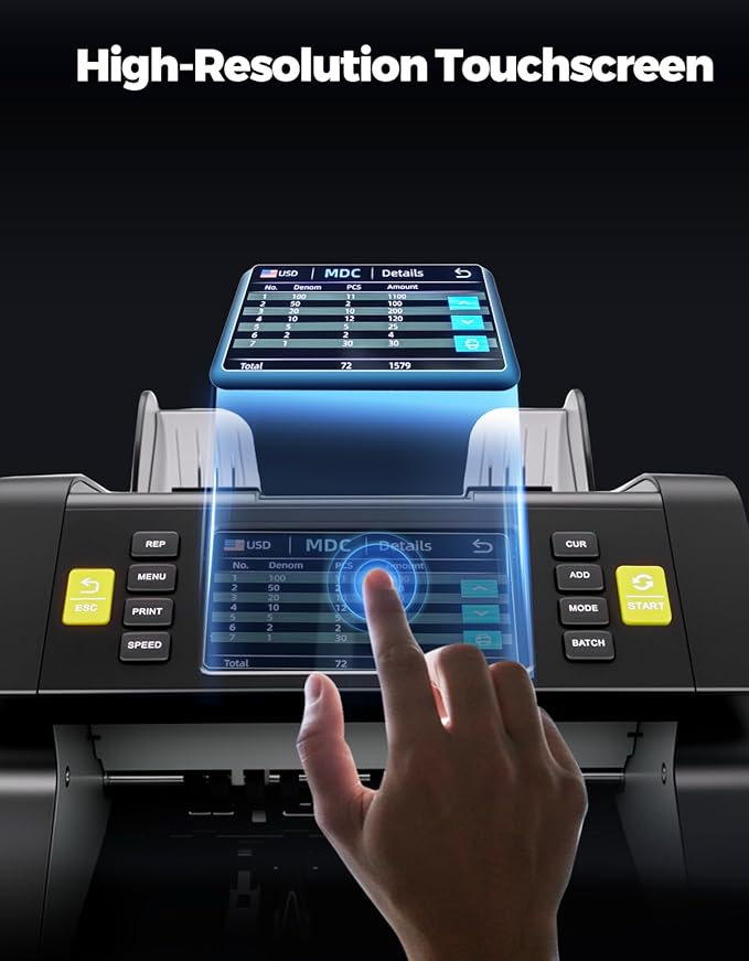 MUNBYN IMC21 Money Counter Machine Mixed Denomination, CIS/UV/IR/MG/MT Counterfeit Detection, Touch Screen, USD, MXN, LBP, CAD Cash Counter for Business, Printer Compatible Bill Counter, 2Y Protect