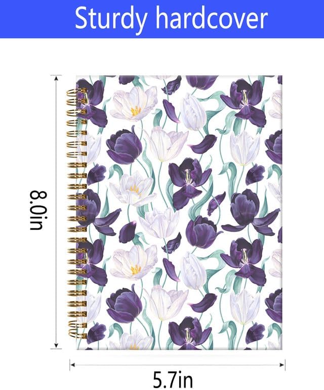 Spiral Journal Notebook,A5 Hardcover Lined Journals for Women Girl 6 x 8.3 in,120 Pages Thick Paper,Cute College Ruled Writing Notebook for Gifts Office Work School(Tulips Floral Leaf)
