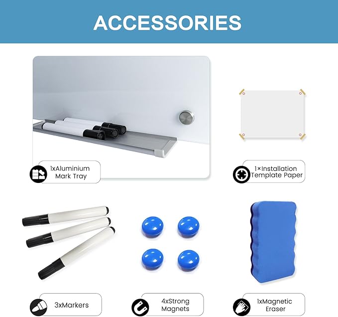 Magnetic Glass Writeboard 40"x60" Premium Tempered Dry Erase Boards Wall Mounted Frameless Whiteboard Bulletin Message Boards (White)