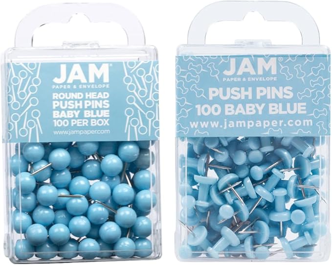 JAM PAPER Colorful Push Pins - Flat & Round Head Thumb Tack Combo Set - Baby Blue Pushpins - 200/Pack