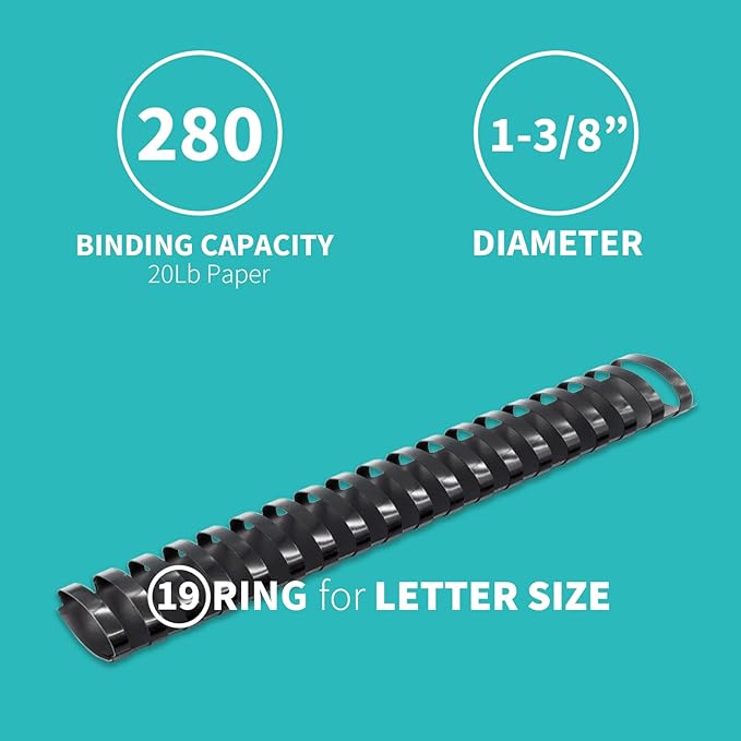 Binditek 50 Pack Plastic Binding Comb Spines, 1-3/8 Inch Diameter, 280 Sheet Capacity, 19 Ring, for Letter Size, Black, for Students and Coworkers