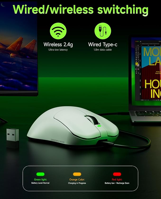 VGN F1 MOBA Wireless Gaming Mouse - Ultralight 55g - Wireless & Wired Mode - 26000 Adjustable DPI - 1000Hz Polling Rate - 200 Hours Battery - Programmable Buttons - Esports Professional Grade - USB-C