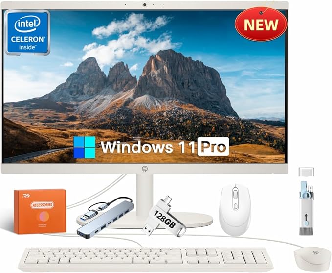 HP All in one Desktop Computer, 21.5" FHD Display, 32 GB RAM, 1 TB SSD, Intel Celeron J4025, Webcam, Intel UHD Graphics, Wi-Fi 6, Bluetooth, HDMI, Windows 11 Pro, Wired KB & Mouse, w/RH-Accessories