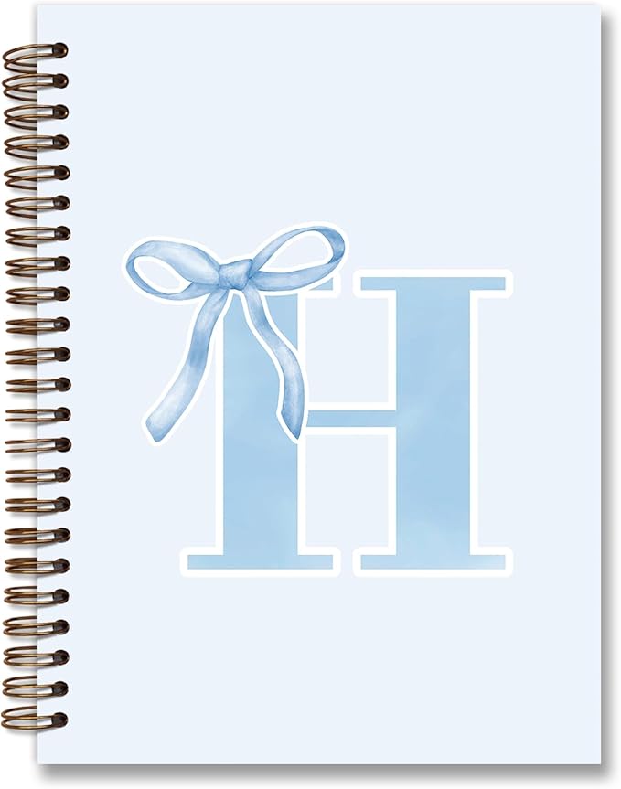 Initial H Notebook Journal,Personalized Teen Girl Gifts,Coquette Trendy Preppy Blue Bow Spiral Notebook,Monogrammed Gifts for Women Teen Girl,College Ruled Hardcover Spiral Notebook 5.5 x 8.3