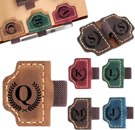 Custom Bookmark with Pen Holder with 26 Letters Personalized Magnetic Leather Book Mark, Customized Name Book Marker Clip with Initial for Men Women, Gifts for Book Lovers, Readers, (Brown, Q)