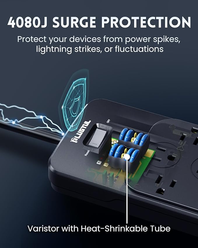 Surge Protector Power Strip 25FT(4080J), PLUGTUL Surge Protector with 12 Outlets - Spacious Design for Large Plugs, Flat Plug, 20W USB C Charging for Home, Office, ETL Listed