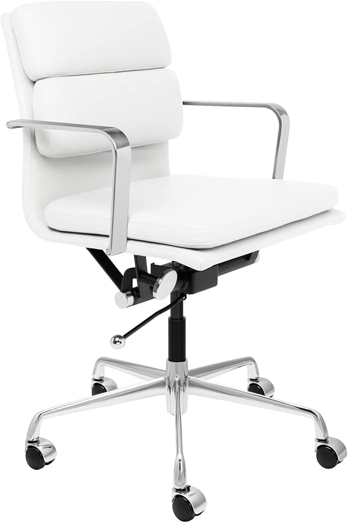 Laura Davidson Furniture SOHO II Padded Management Office Chair - Mid Back Desk Chair with Arm Rest, Swivel & Cushion Availability, Made of Faux Leather, White, Computer Chair