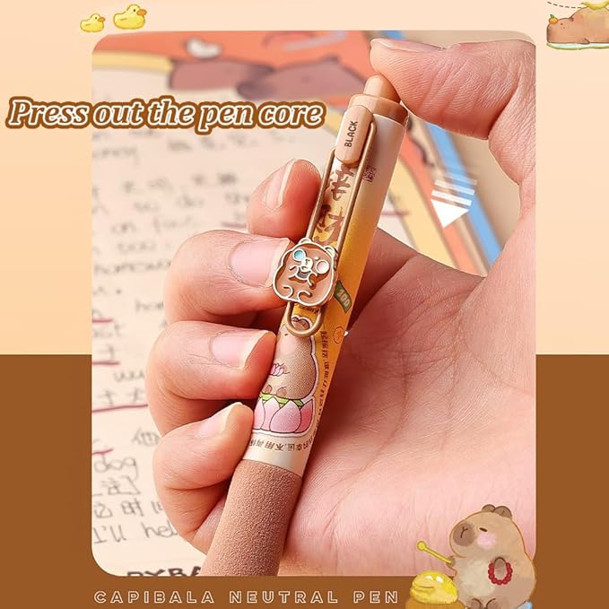 Cute Gel Pens 5Pcs Retractable Quick Dry Ink Pens 0.5mm Fine Point Black Ink Kawaii Smooth Writing Pens for School Office Supplies Aesthetic pretty pens (Cute Capybara)