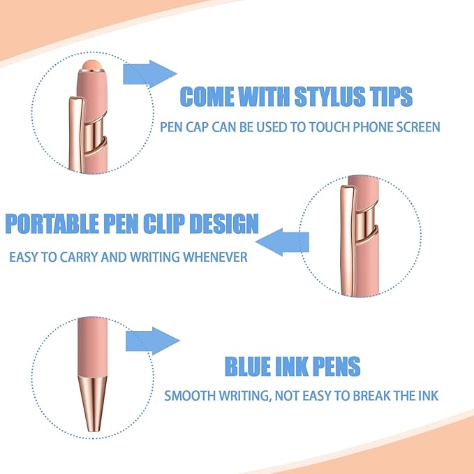 8 Pcs Blue Ink Ballpoint Pen with Stylus Tip 2 in 1 Stylus Ballpoint Pen Metal Pens Stylus Pen for Touch Screens School Office Coworkers (Pink Rose Gold)