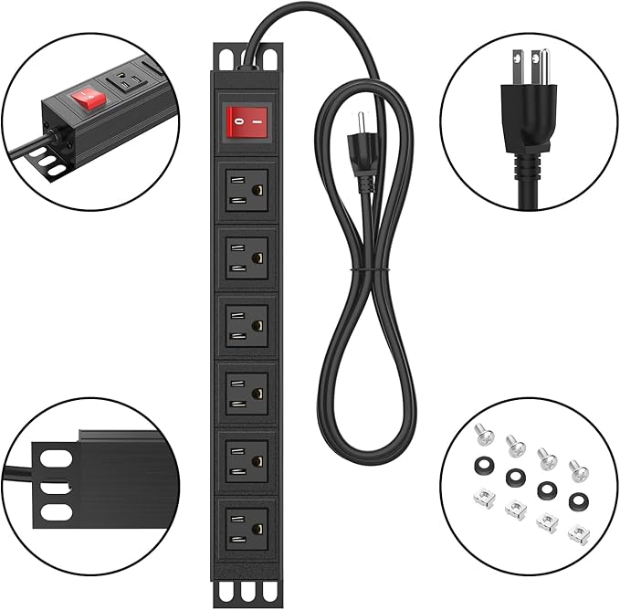 BTU 6 Outlet Power Strip, Metal Mountable Power Strip Surge Protector, Heavy Duty Wall Mount Power Outlet for Commercial, Industrial, Workshop, 6FT Power Cord, 15A/125V 1875W (Black 6FT)