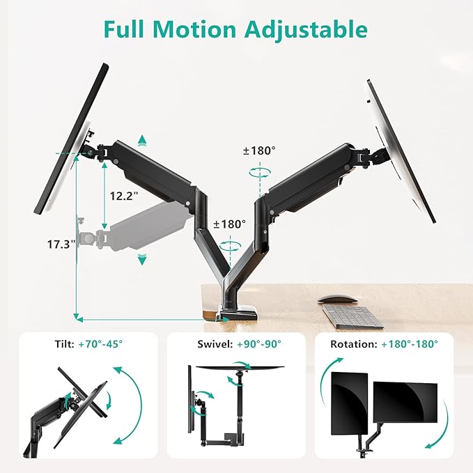 WALI Dual Monitor Stand for 17-32 inch Computer Screens, Dual Monitor Arms for 2 Monitors Holds up to 22 lbs, Height Adjustable Gas Spring Dual Monitors Mount, VESA 75x75/100x100mm (GSMP002N), Black