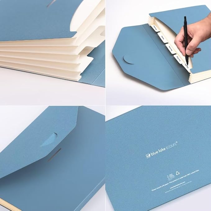 Blue Lake ECOLIFE 6-Pockets Recyclable Paper Expanding File Document Folder Plastic Free, Accordian File Organizer - A4 Letter Size, 200 Sheet for School, Office, Home Carolina