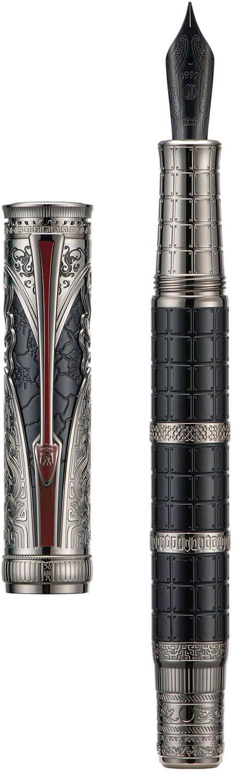 Hongdian D5X Fountain Pen Extra Fine Nib Black Color, Qin Dynasty Retro Chinese Totem Engraving Smooth Writing Pen with Converter and Pen Box Set