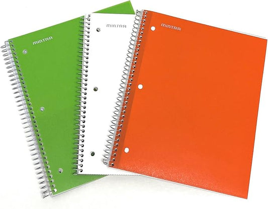 Mintra Office Durable Spiral Notebooks, 1 Subject, (Green, White, Orange, College Ruled 3pk)