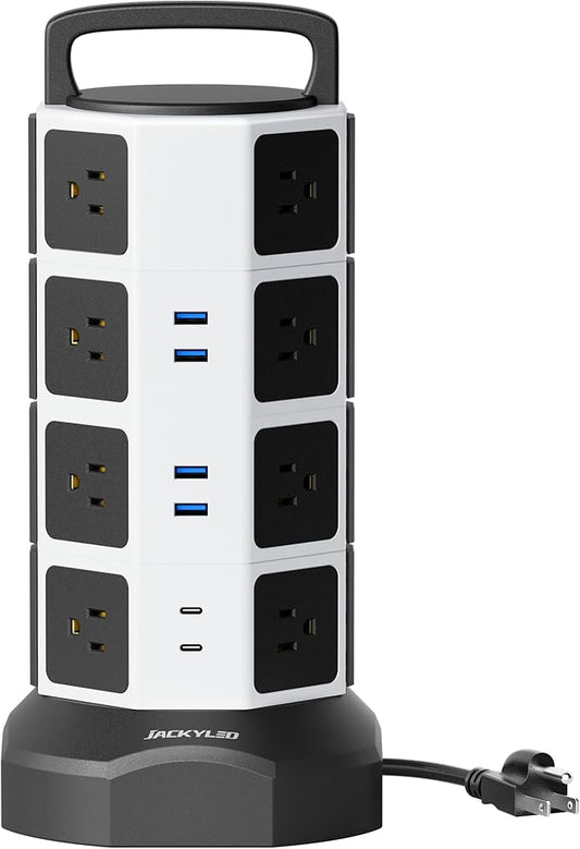 Power Strip Tower Surge Protector - JACKYLED 16 AC Outlets(13A) 6 USB Ports Electric Charging Station, 1050J Surge Electric Tower, 1625W Outlet Extender, 6.5ft Heavy Duty Extension Cord for Home