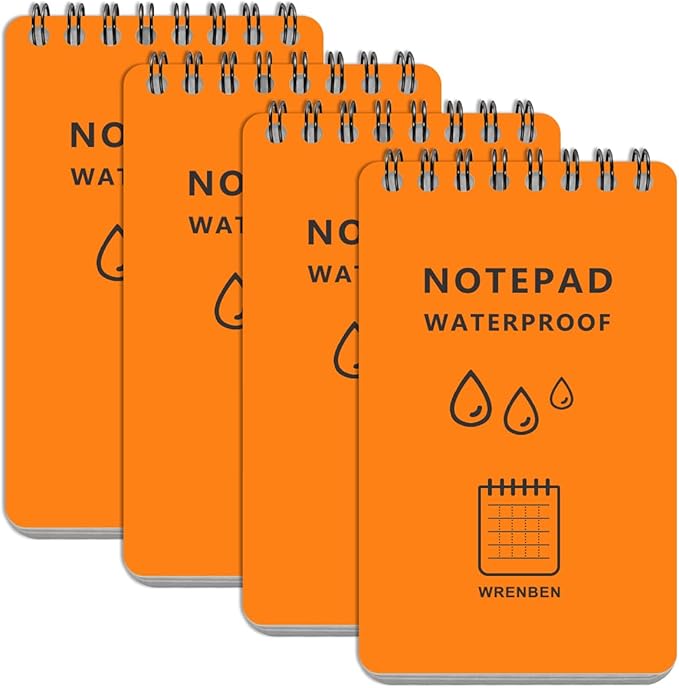 Weatherproof Top Spiral Notepads with Waterproof Paper and Hard Cover, A7 Pocket Steno Pads, 4 Pack 400 Pages Graph Pattern (3" x 5", Orange)