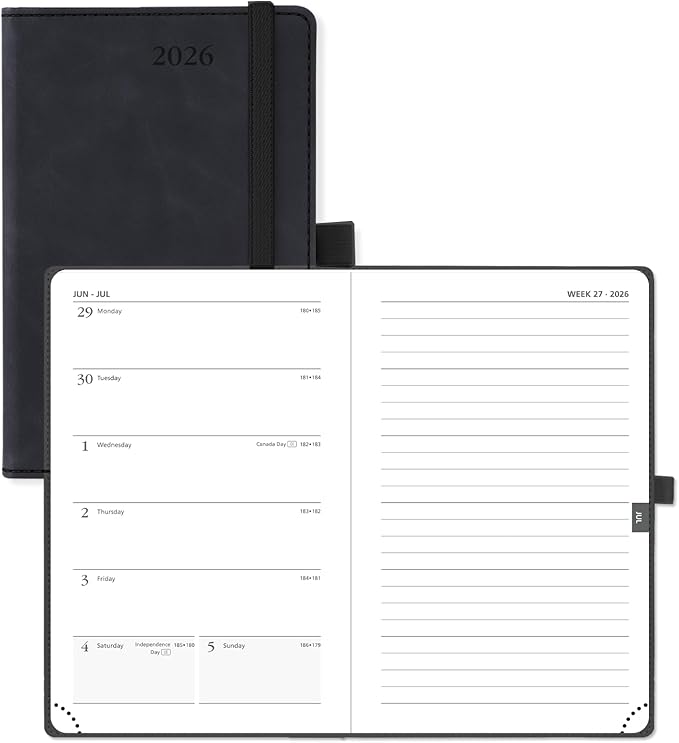 POPRUN Weekly Planner 2026 Pocket Size Calendar (4" x 6.25") 12 Months Notebook with Horizontal Layout, Leather Soft Cover, Inner Pocket, 100GSM Thick Paper, Pen Holder - Black