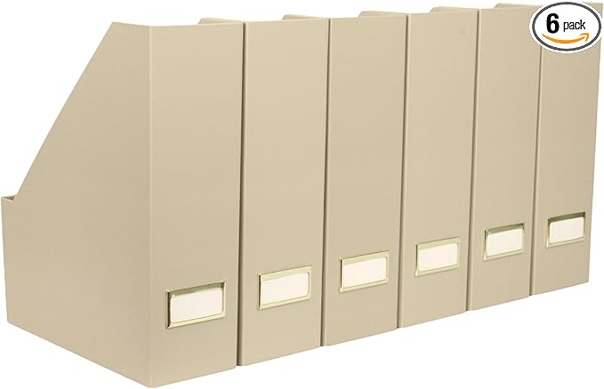 BLU MONACO Set of 6 Foldable Magazine File Holders in Taupe – Sturdy Cardboard Vertical Organizers with Label Holders – Office File Storage Box, Desk Organizer, Paperwork and Document Holder