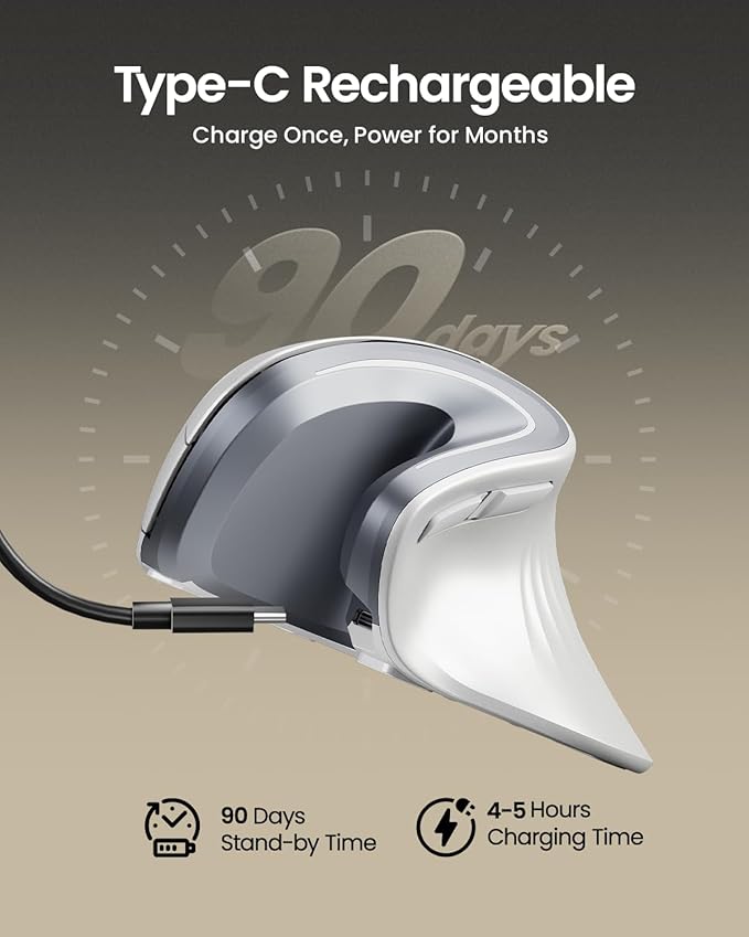 ProtoArc Ergonomic Vertical Mouse, EM11 NL Rechargeable Wireless Mouse Bluetooth, Ergo Mice with 3 Multi-Device for PC/Notebook/Laptop, 2.4GHz Optical Mice for Windows, Mac OS, White