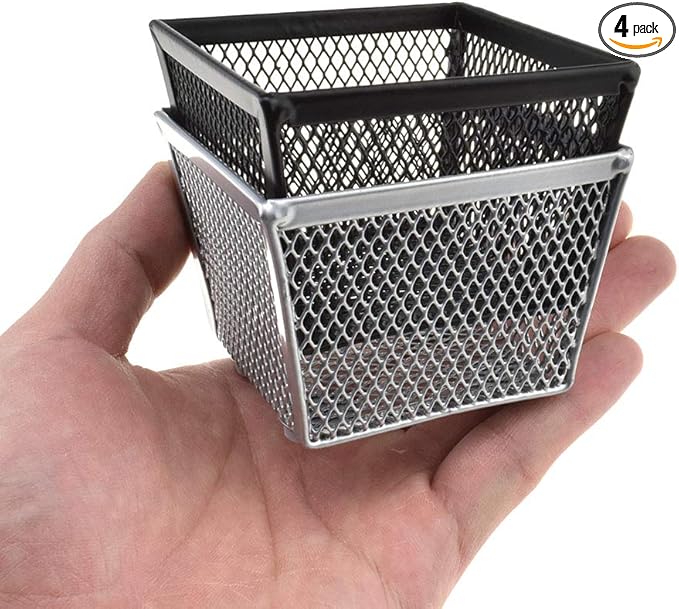 HAHIYO Stackable Paper Clip Mesh Holder Cup 2.2" Height 4 Pack Sturdy Paperclip Holder Container for Desk Drawer Organizer Collection for Home Office School Black Silver Soft Foam Feet No Sharp Edges