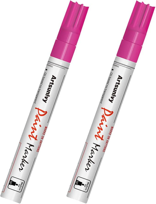 Pink Paint Pens Permanent Markers - 2 Pack Paint Markers for Metal, Rubber,Wood, Rocks, Canvas, Plastic, Dark Surface, Craft Art Supplies, Medium Tip, Quick Dry, Waterproof
