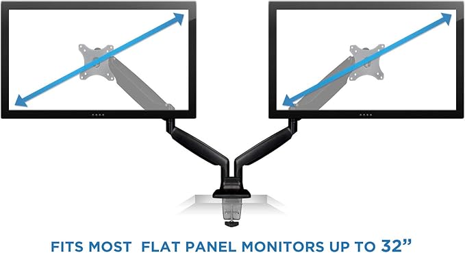 Mount-It! Dual Monitor Arm Mount | Desk Stand | Two Articulating Gas Spring Height Adjustable Arms | Fits 2 x 24 27 29 30 32 Inch VESA 75 100 Compatible Screens | C-Clamp and Grommet Bases (Black)