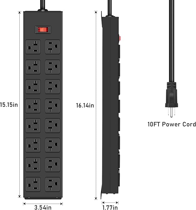 JUNNUJ Heavy Duty 20 Amp Power Strip with Surge Protection 3000J, Garage 16 Outlets Metal 12 Gauge, Desk Strips Wide Spaced, High Amp 5-15P Adapter Shop 6-20R T-Slot Industrial Outlets (16AC, 10FT)