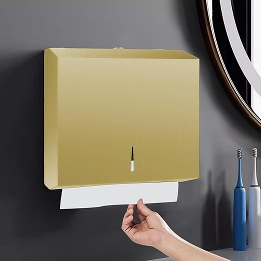 Paper Towel Dispenser Wall Mount, Brushed Gold Stainless Steel Commercial Paper Towel Holder with Lock, Large Capacity 250 C Fold/300 Multifold Towels