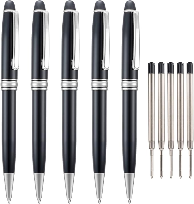 5 PCS Black Ballpoint Pens with Extra Refills Set, 1mm Medium Point Black Ink, Great Smooth Writing Metal Pen for Business Office Teacher Student Wedding Guest Gift (SilverTrim)