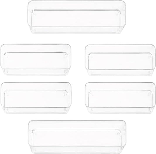 Six Pcs. Plastic Clear Drawer Organizers. Stackable Storage Trays for Kitchen Utensils and Silverware. 2 Sizes. Stackable