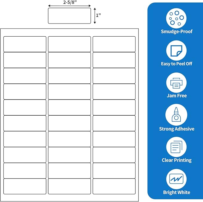 BESTEASY 30-up 100 Sheets 1" X 2-5/8" Address Shipping Labels for Laser and Inkjet Printers, FBA Product Labels (3000 Labels)