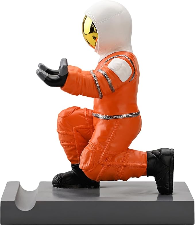 Astronaut Resin Pen Holder, Mobile Phone Stand, Device Stand, Desk Organizer Decorative Pen Holder (Orange&Golden)