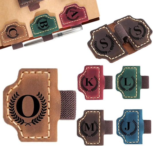 Custom Bookmark with Pen Holder with 26 Letters Personalized Magnetic Leather Book Mark, Customized Name Book Marker Clip with Initial for Men Women, Gifts for Book Lovers, Readers, (Brown, O)