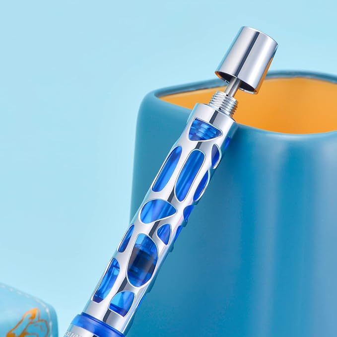 Asvine V169 Vacuum Filling Fountain Pen Fine Nib, Water Drop Skeleton Transparent Blue Acrylic Pen Case Set