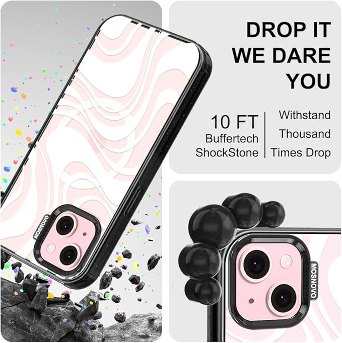 MOSNOVO Magnetic Case for iPhone 15 Plus, 10ft Military-Grade Protection, Compatible with Magsafe, Shockproof Phone Case for iPhone 15 Plus / 14 Plus - White Swirl - Clear Black