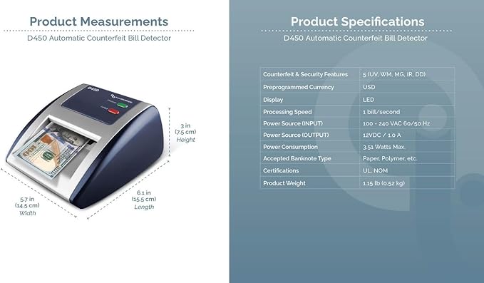 AccuBANKER D450 Counterfeit Money Checker Machine, Magnetic, Infrared, Watermark and Micro-Printing Detection in Less Than 1 Second with Audible and Visual Alert for Suspicious Bill