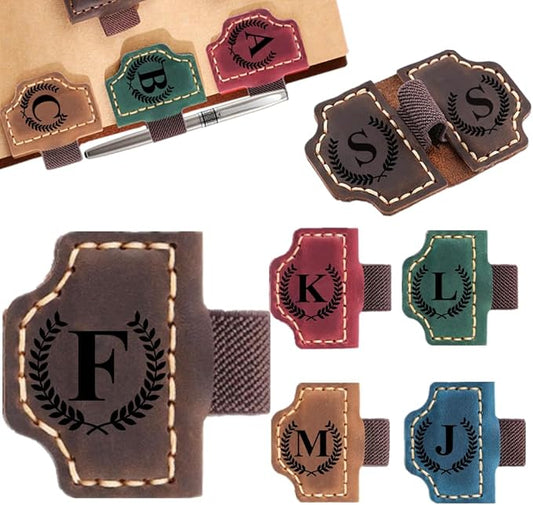 Custom Bookmark with Pen Holder with 26 Letters Personalized Magnetic Leather Book Mark, Customized Name Book Marker Clip with Initial for Men Women, Gifts for Book Lovers, Readers, (Coffee, F)