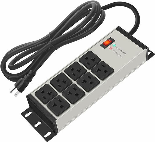CCCEI Magnetic Heavy Duty Power Strip Surge Protector 20Amp, 12 Gauge High Amp Extension Outlets, Garage Wall Mount 8 Plug Metal Power Strip. 15FT, Grey, 5-15P Adapter 6-20R T-Slot 20a for Appliance