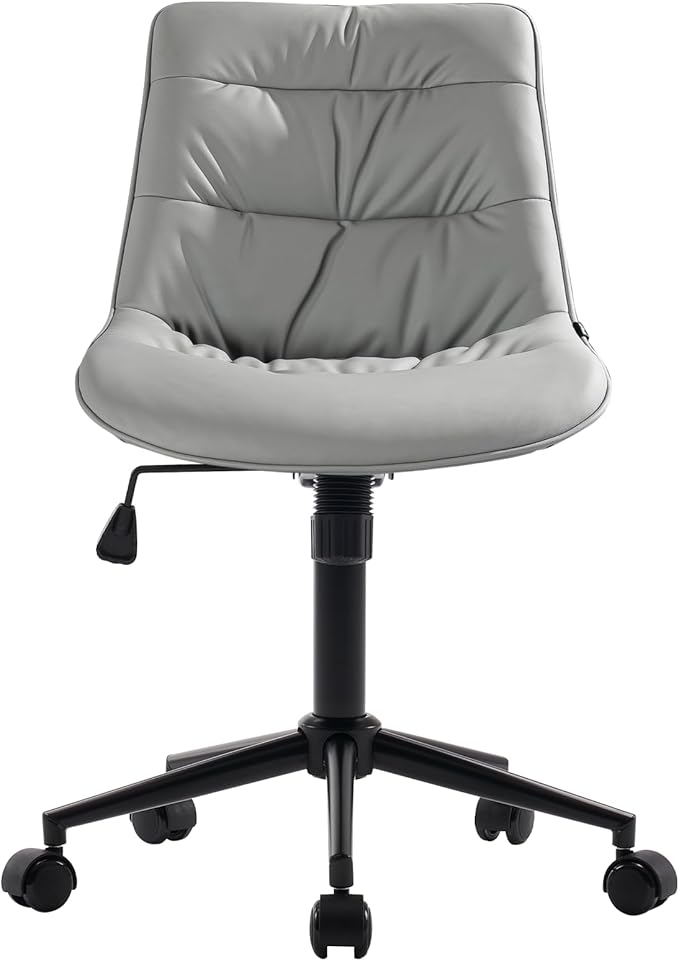 Kidol & Shellder Faux Leather Office Chair, Adjustable Swivel Height Task Chair, Rolling Wheels & Soft Backrest - Armless Ergonomic Desk Chair for Home, Office,Vanity,Gaming（Gray）