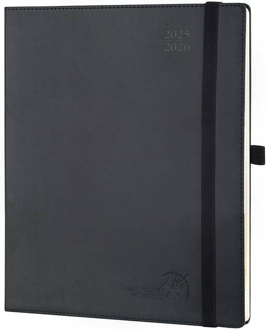 POPRUN Planner 2025-2026 (Large - 8.5'' x 10.5'') Academic Weekly Calendar (July 2025 - June 2026) with Hourly Time Slots, Monthly Tabs, 100GSM Thick Papers, Leather Soft Cover - Black